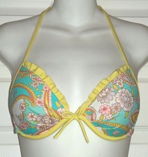 Victoria's Secret 32B Paisley Ruffle Padded Push-up Bikini Top Yellow Pink
