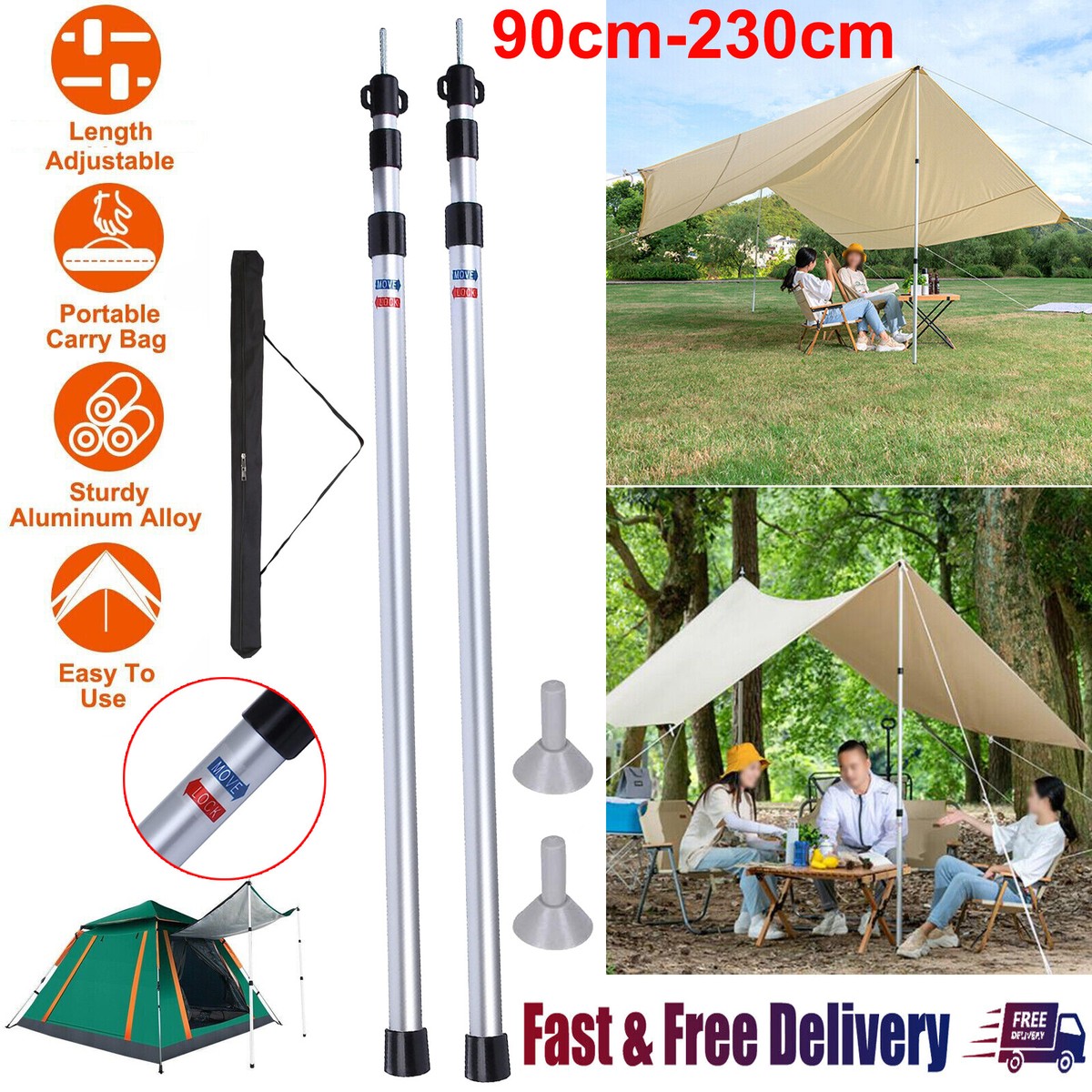 2x Tent Poles Tent Telescopic Rod Awning Canopy Tarp Pole Support Rod  Adjustable
