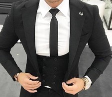 Designer Business Suit Black Suit Jacket Trousers Vest Fitted Slim Fit