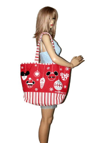 DISNEY PARKS Christmas Tote Shopper Mickey Ornament Candy Cane Red White Canvas - Picture 2 of 8