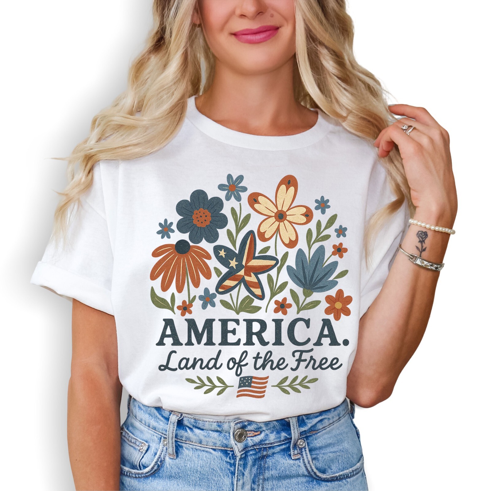 Patriotic Floral America Land of the Free T-Shirt for 4th of July Sizes S-5XL