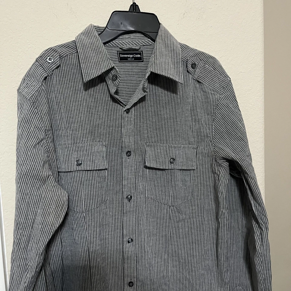 Camisa Sovereign Code Para Hombres M Militar Gris Rayas Cuello Abotonado Manga Larga Foto 2 de 4