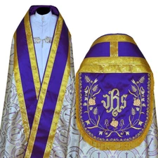 Metallic Violet Cope & Stole Set with IHS embroidery,capa pluvial,far fronte NEW