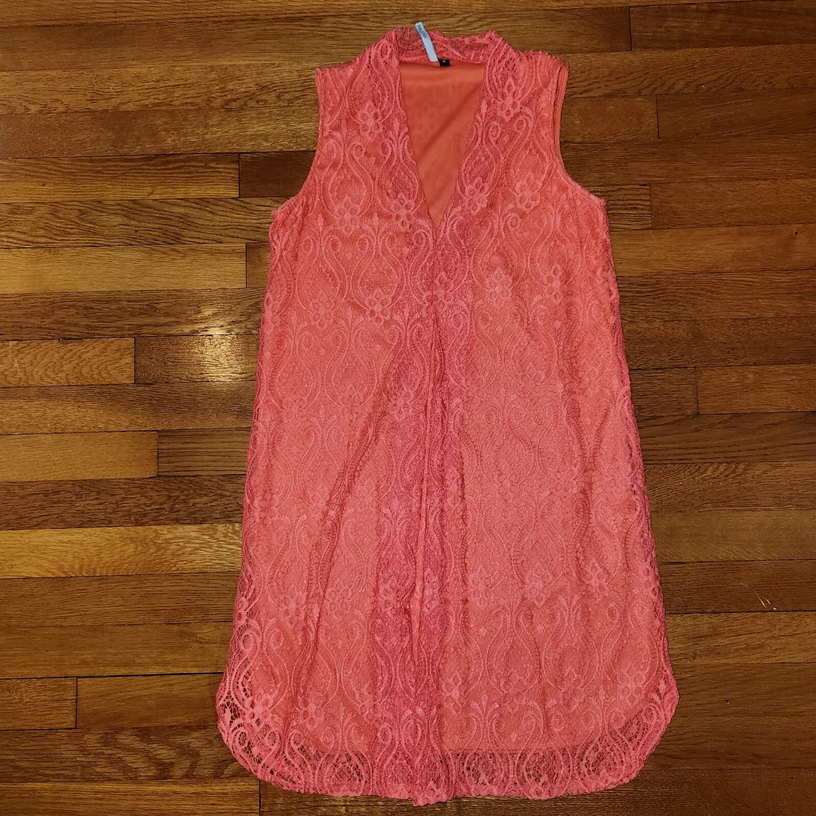 Abito Kay Celine pizzo corallo finto avvolgente svasato cappuccio manica aderente svasato taglia small