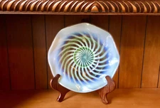 Vintage Fenton Art Glass Opalescent Green Spiral Optic Bowl - Logo - Free Ship