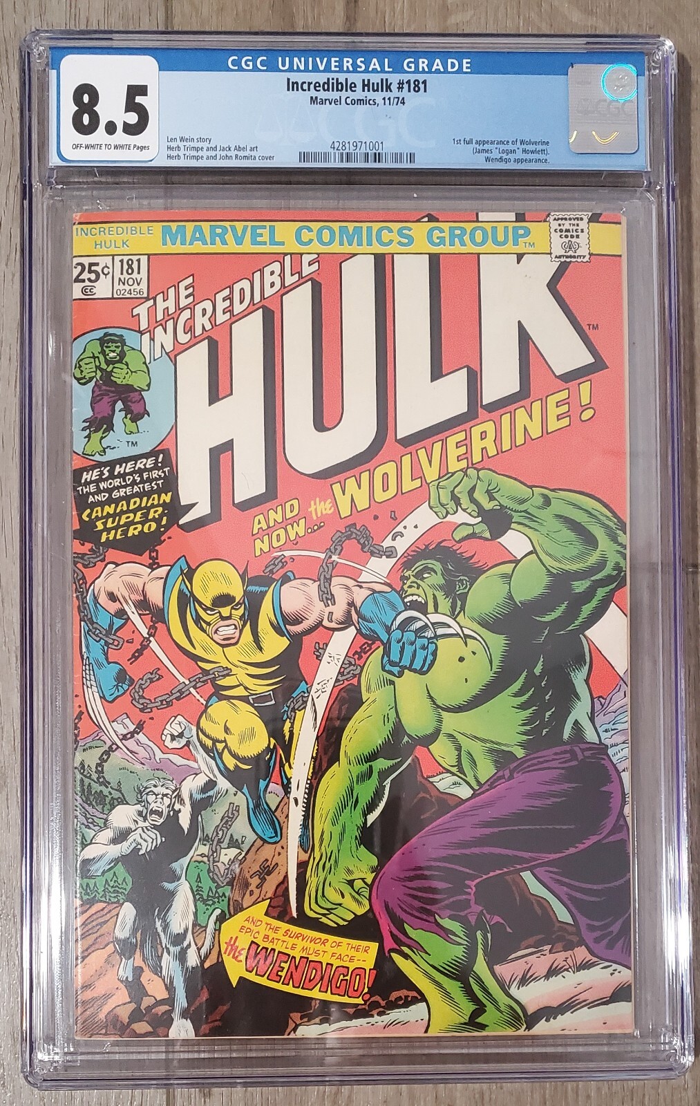 1974 MARVEL COMICS INCREDIBLE HULK #181 CGC 8.5 1ST APP WOLVERINE