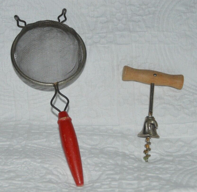 Vintage Red Wood Handle Strainer 10-3/4" and Wooden Handle Corkscrew with Bell