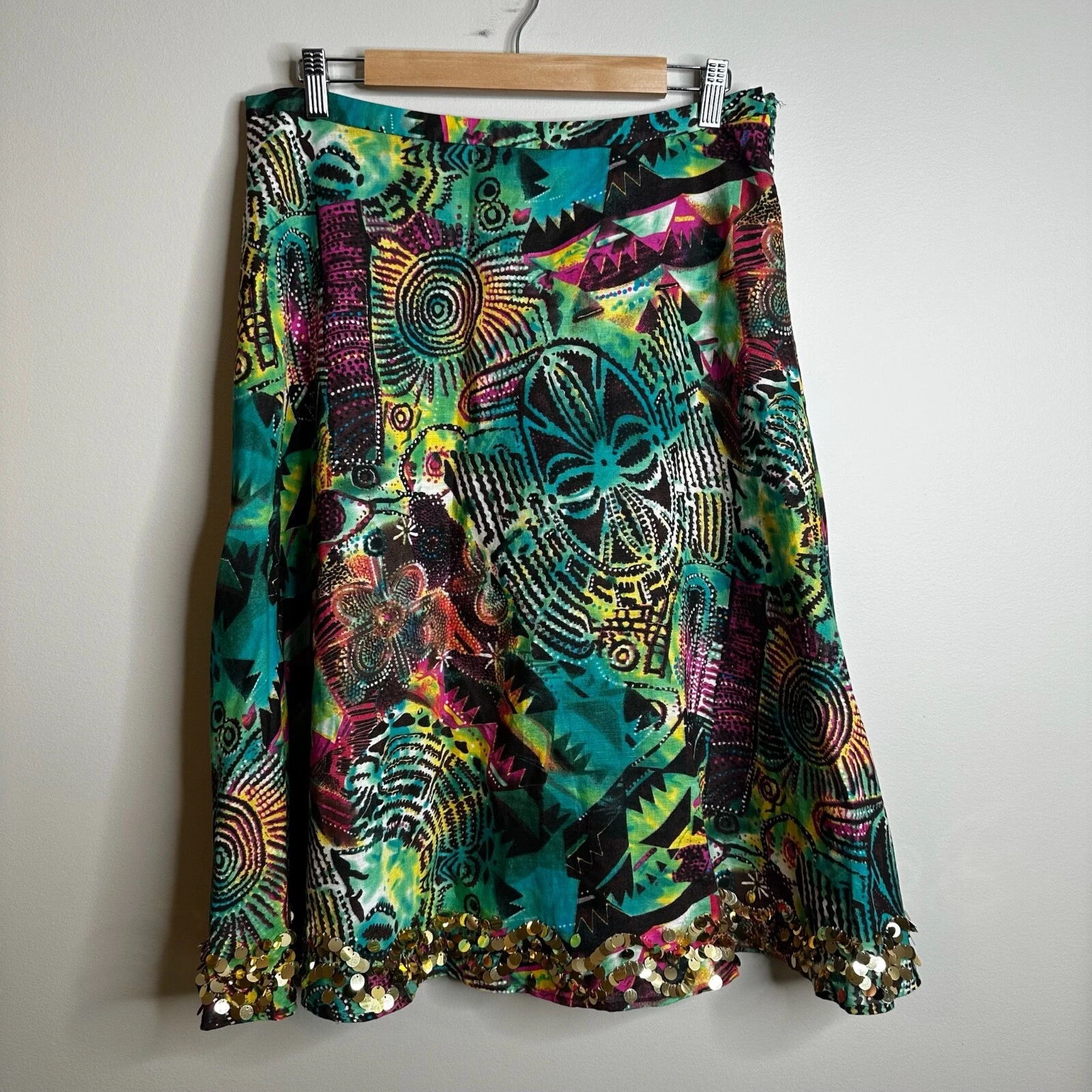 WD NY Skirt Sz 12 Colorful Astract Gold Pailettes Cotton Linen A Line Artsy Boho