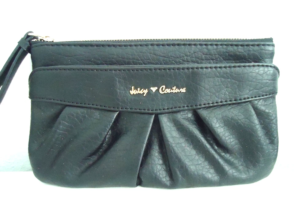 Juicy Couture Cartera Bolso de Mano Negro Imitación Cuero Plisado Muñequera Bolsa Cartera Foto 3 de 4