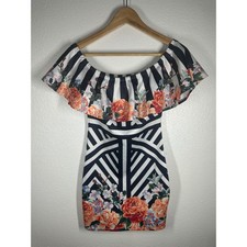 Jealous Tomato Dress Womens S Black Floral Off Shoulder Ruffle Geometric Bodycon