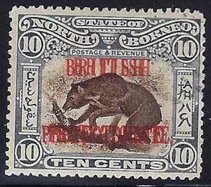 North Borneo, 1902, Scott #122a, 10c Sun Bear, Double Overprint, Mint, Hinged
