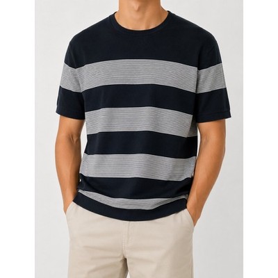 Massimo Dutti Mens Extrafine Cotton Striped Knit Short Sleeve Sweater XL Resort