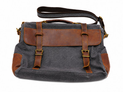 S Zone Gray Canvas Cross Body Laptop Messenger Bag Brown Leather Trim