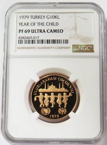 1979 GOLD TURKEY 10K LIRA YEAR OF THE CHILD NGC PF 69 UC