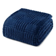 King Size Fleece Blanket 90x104 Inch Navy Blue Lightweight Soft Jacquard