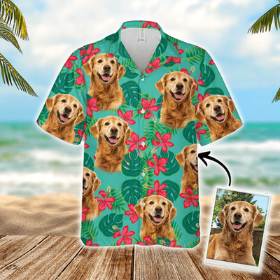 Custom Dog Face Hawaiian Shirt   Leaves Flowers Pattern Mint Color Aloha Shirt
