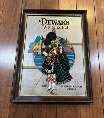 Vintage Dewars White Label Whisky Mirror Bar Pub Sign 24x16 Advertising Man Cave