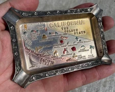 Vintage Metal California The Golden State Ashtray Map Painted Colorful