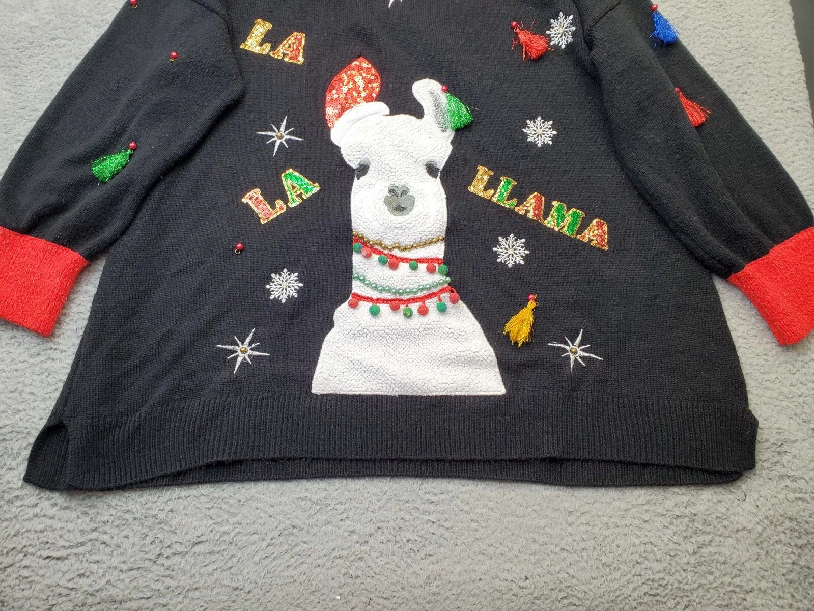 Ugly Christmas Sweater Womens Multi Llama Tassels Embroidered Beaded Sequin Slit