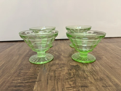Vintage Green Depression Glass Block Optic Dessert Sherbet Cups  Uranium Glows