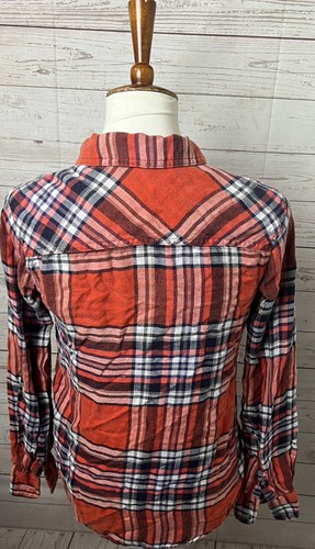 Merona Shirt Women's Small Orange & Blue Plaid Lined Long Sleeve Button Up Top - Picture 4 of 8