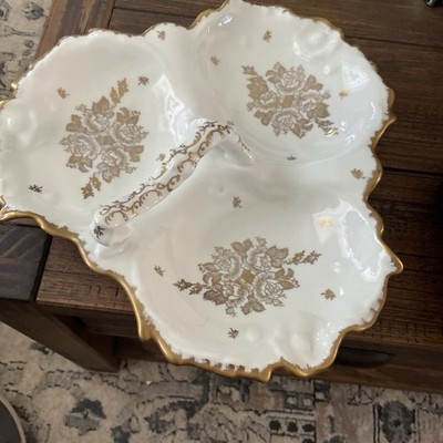 Vintage French Three Section Porcelain Dish Circa 1940s-1950s. Hand Painted