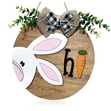 Easter Wooden Hanging Sign for Front Door Decor Double Plank Design Bunny 