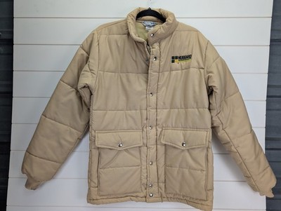 Vintage Swingster Hubbard Feeds Puffer Coat Men Small Logo Farmer Beige 70s 80s