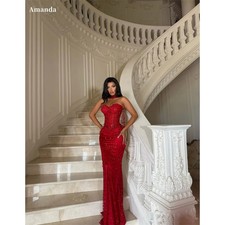Red Luxury Mermaid Rhinestones Prom Dress Halter Neck Sleeveless Evening Gowns