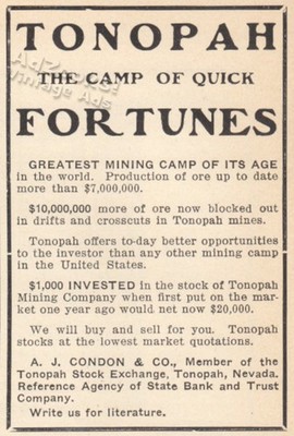1903 Tonopah Mining Co Nevada Mine Camp of Quick Fortunes Stock Shares Print Ad