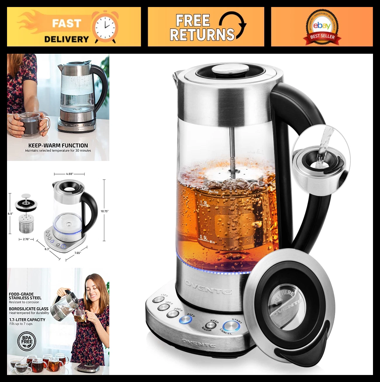 1.7L Electric Tea Kettle with Infuser, Variable Temp Control, Fast Heating, BPA-