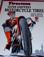 VINTAGE FIRESTONE GUM DIPPED MOTORCYCLE TIRES 12" METAL TIRE GASOLINE & OIL SIGN