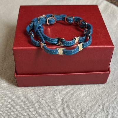 Salvatore Ferragamo Blue Leather Chain Charm Bracelet Gold Tone Buckle Signed