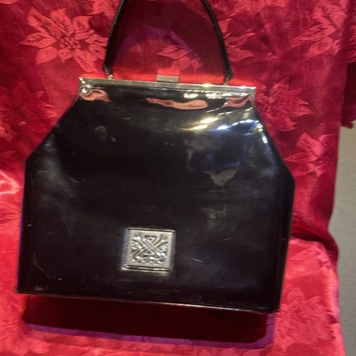 Biba Astella black patent real leather metal frame large vintage style handbag - Image 1 of 4