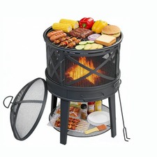 Outdoor Fire Pit with Grill Wood Burning Spark Screen Cover Portable