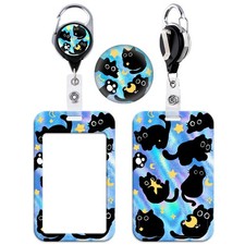 Retractable Badge Holder with Adorable Black Cat Print, Durable Card Sleeve a...