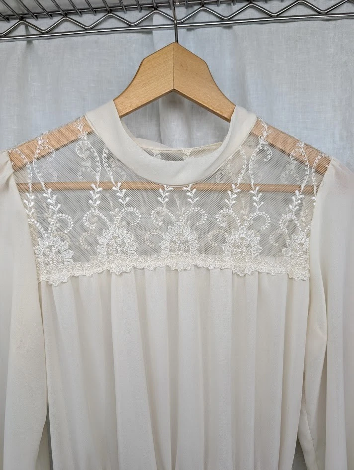 Vestido de noiva vintage blusa de renda creme top saia midi mangas compridas pequeno L10 - Imagem 2 de 4
