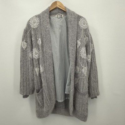Vintage Casa Bella Sweater Womens Large Gray Angora Blend Embroidered Beaded 90s