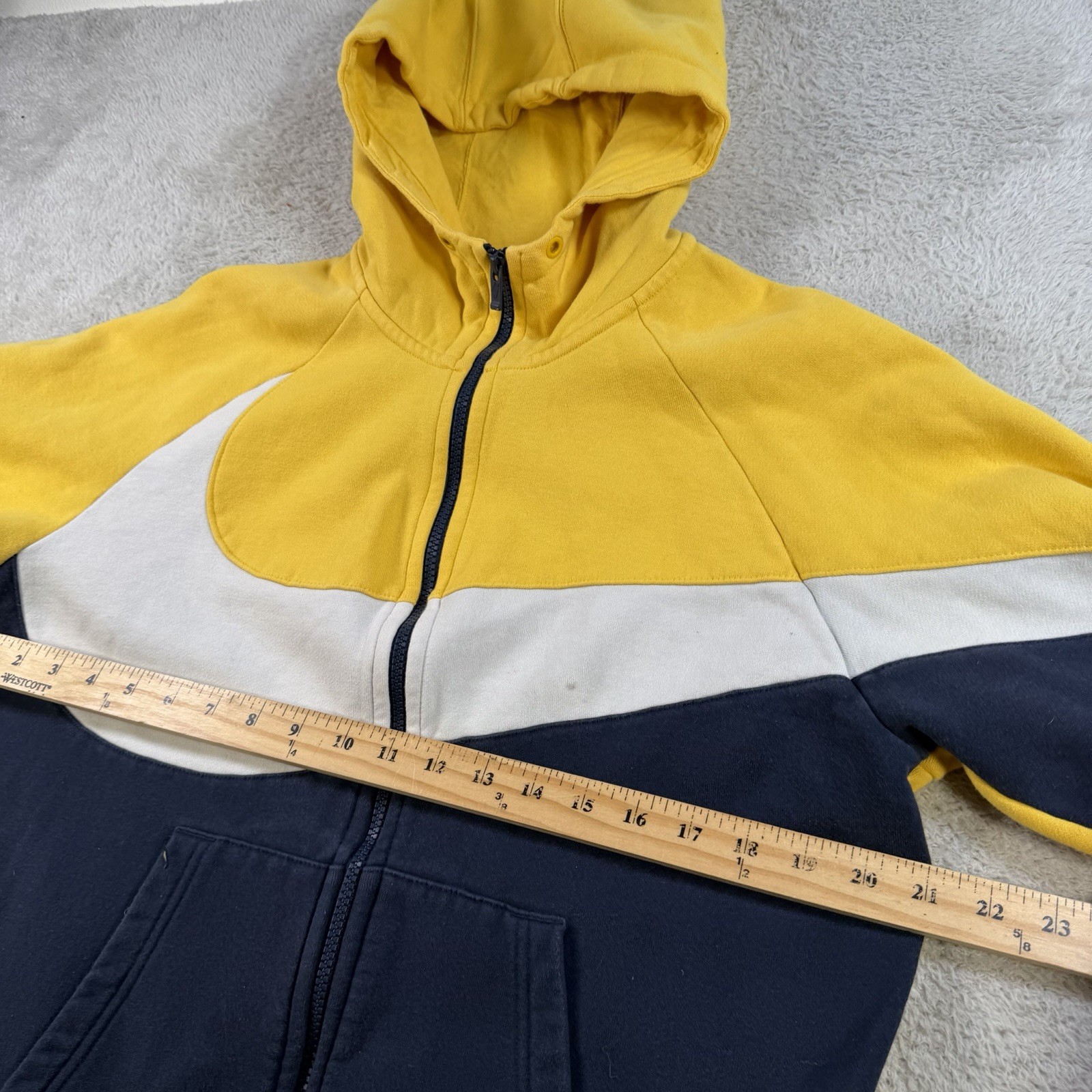 Nike Hoodie Mens Medium Yellow Navy Full Zip Fleece Big Swoosh Jacket Y2K thumbnail 5