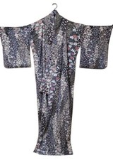 Dark Blue Silk Kimono with Flower Pattern, Crepe Fabric, Modern Design, Used