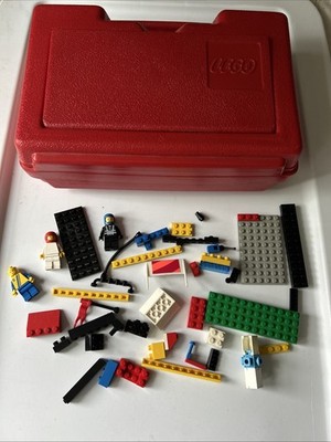 Vintage 1982 LEGO Red Plastic Storage Case With Assorted Bricks + Mini Figs