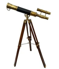 Nautical Brass Antique Half Design Leather Telescope With Wooden Tripod Stand