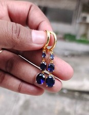 Oval Cut Simulated Blue Sapphire Drop/Dangle Earrings In 14k Yellow Gold Plated