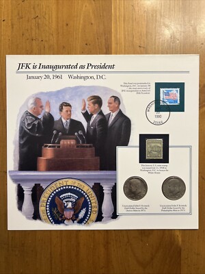 John F Kennedy Boards With 29 Uncirculated Half Dollars And Stamps