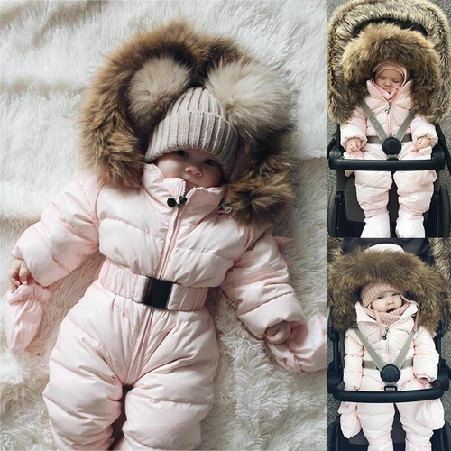 Jackets Hooded Overall Infant Girl Baby Winter Fur Collar Playsuit Snowsuit Coat - Picture 3 of 6