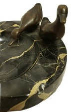 Vintage Bronze Ducks Geese Swirl Streaked Marble Base Decorative Cigar Ashtray