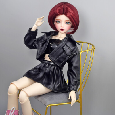 56cm BJD Doll 1/3 Ball Jointed Female Body Handpainted Face Makeup Short Red Wig