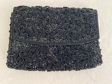 Vintage La Regale Ltd Black Beaded Satin Small Evening Clutch Purse Hong Kong