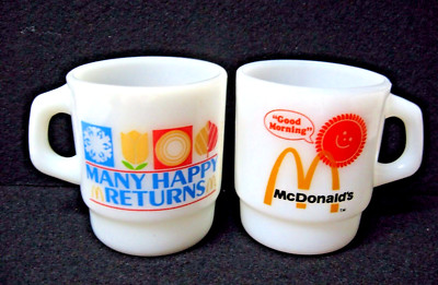 LOT 2 Anchor Hocking milk glass mugs McDONALD'S  Good Morning Many Happy Returns