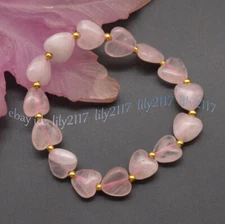 Natural 12mm Pink Rose Quartz Heart Shaped Gemstone Beads Elastic Bracelet 7.5''